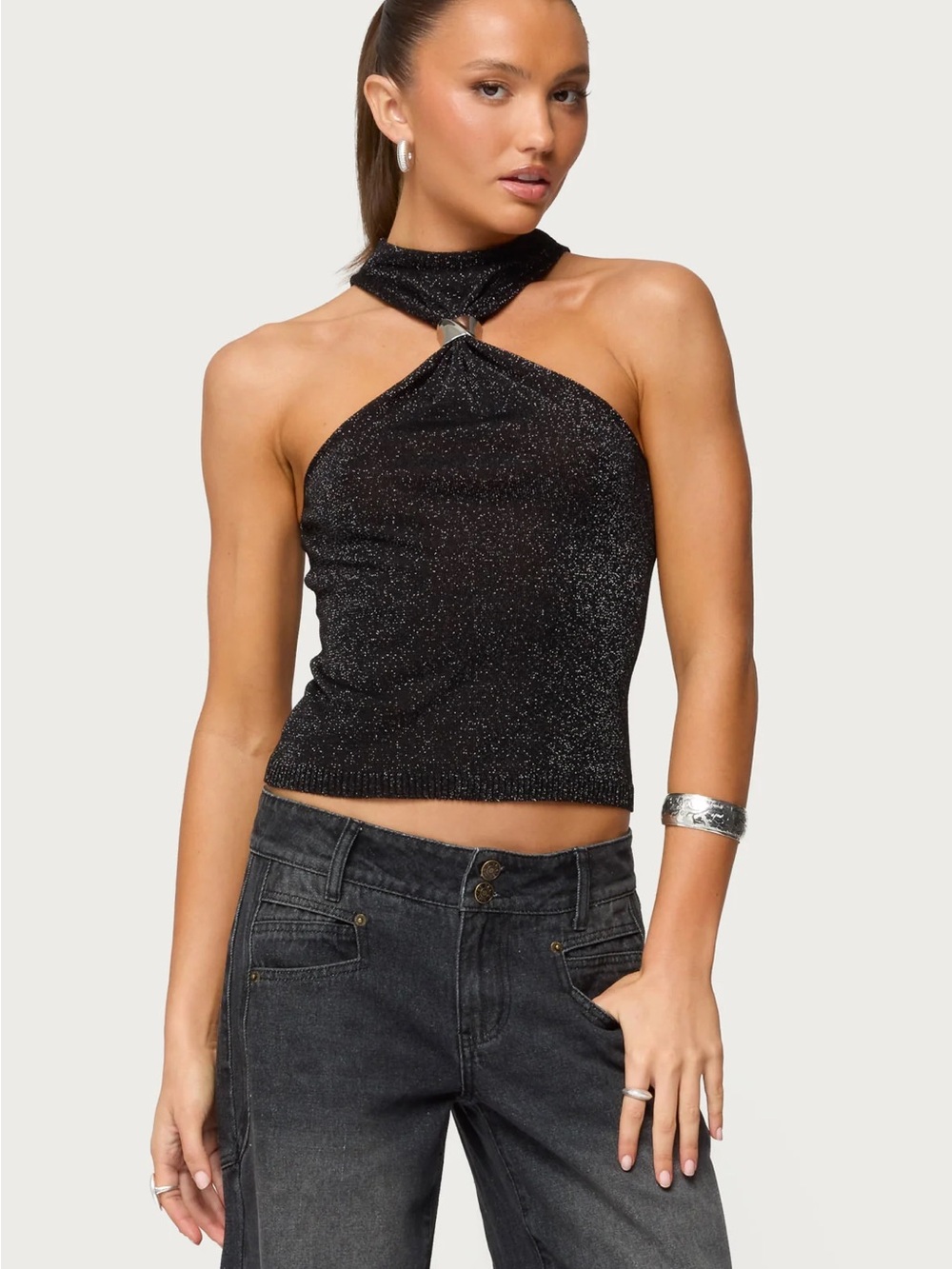 Edikted Black Glitter Halter Crop Top with Silver Ring